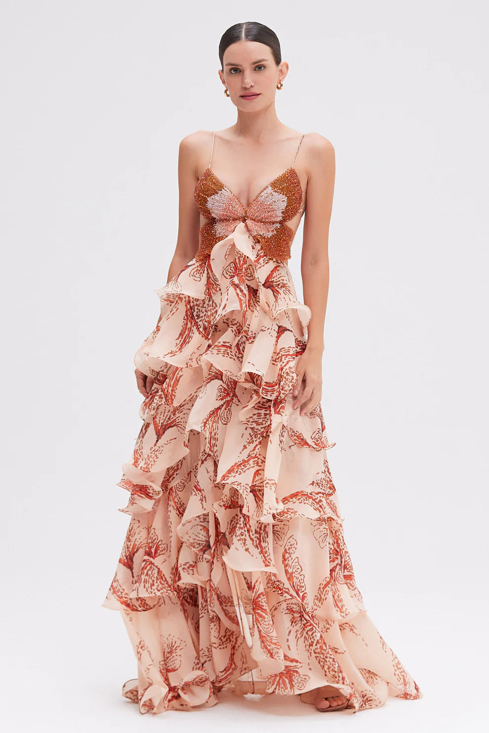 Ariae Butterfly Print Multi-layered Ruffles Backless Tie-up Maxi Dress WJ32087-RE-S
