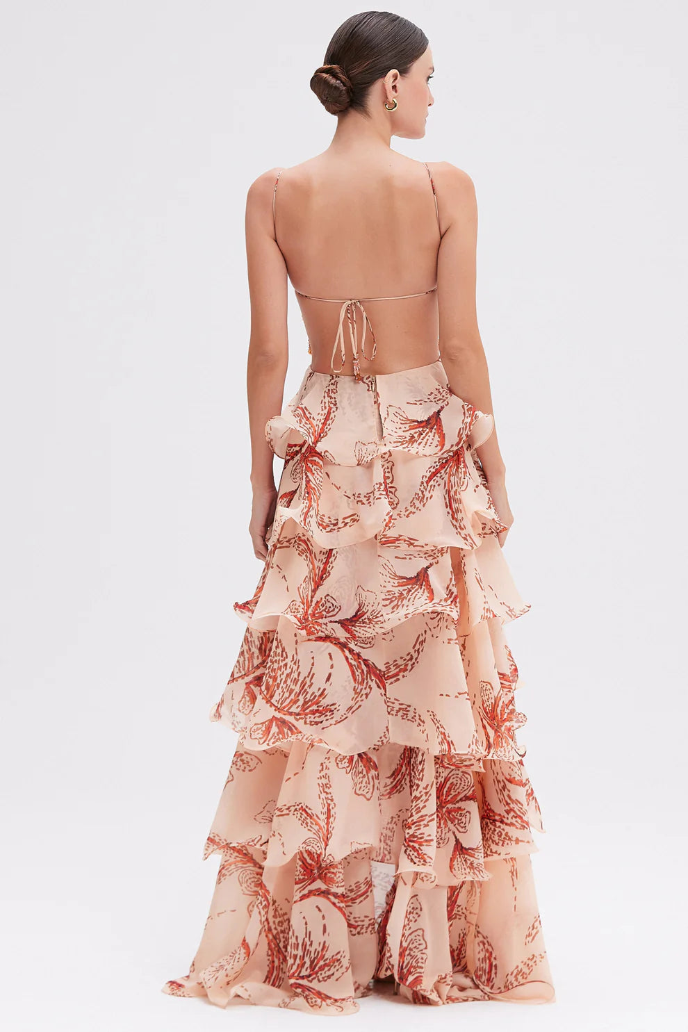 Ariae Butterfly Print Multi-layered Ruffles Backless Tie-up Maxi Dress WJ32087-RE-S