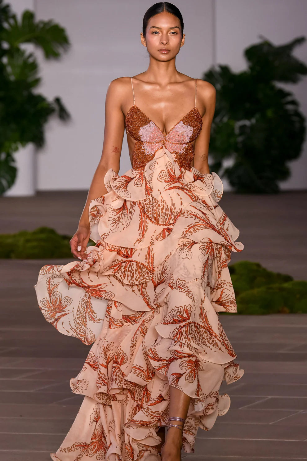 Ariae Butterfly Print Multi-layered Ruffles Backless Tie-up Maxi Dress WJ32087-RE-S