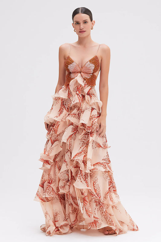 Ariae Butterfly Print Multi-layered Ruffles Backless Tie-up Maxi Dress WJ32087-RE-S