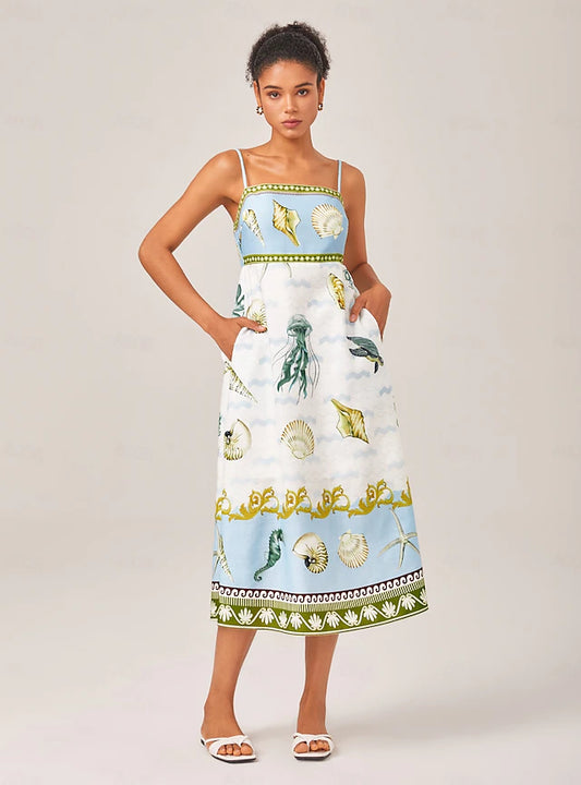 Ocean Print Strap Linen Dress